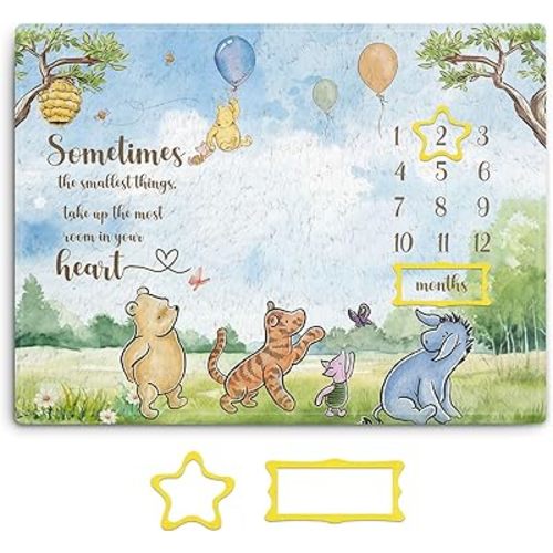 Classic Winnie Milestone Blanket for Baby, The Pooh Baby Milestone Blanket, Winnie Baby Growth Blanket with Photo Tools, Winnie Quotes Sometimes The Smallest Things Milestone Blanket