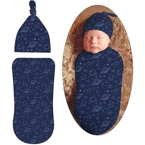 Space Swaddle Blanket with Beanie Hat Set Soft Newborn Swaddle Wrap Receiving Blanket Shower Gift