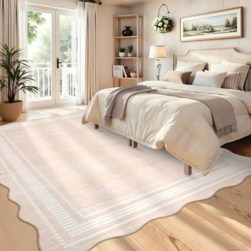 8'x10'Beige Modern Scalloped Bordered Area Rug, Washable Accent Rugs for Living Room Bedroom, Soft Non-Slip Low Pile Carpet Home Decor