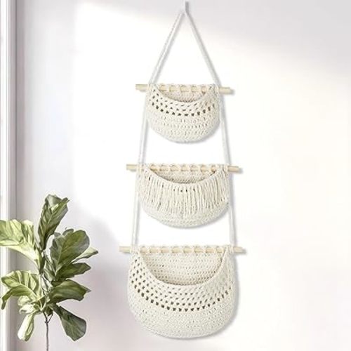Macrame 3-Tier Hanging Wall Basket, Handwoven Jute Storage Organizer, Boho Decor for Kitchen, Bathroom, Living Room, Natural Cotton Rope Fruit Holder (White)