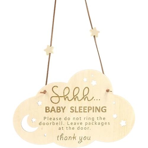Baby Sleeping Sign for Front Door, Do Not Knock Or Ring Doorbell Sign with Hemp Rope, Wooden Rustic Hanging Front Door Sign for Home, Nursery, Bedroom, Baby Room Decor (8.7 x 5.7 Inch)