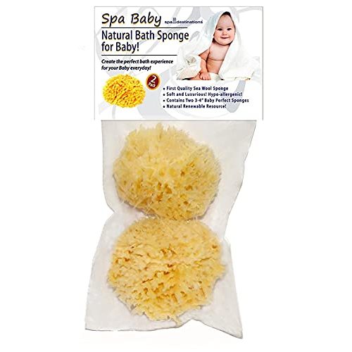 Spa Baby Absorbent Natural Bath Sponge Spa Destinations. Ultra Soft Premium Sea Wool Sponge, Biodegradable, Bath Accessories Baby and Kids, Infant Bath. Two (2) Pack 3-4 inch for Moms
