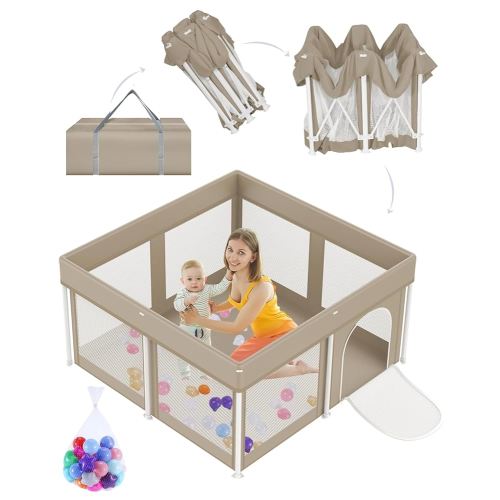 Foldable Baby Playpen 50"×50", Playard for Babies and Toddlers, Portable Safety Baby Fence Lightweight,No Installation, Indoor & Outdoor Playpen with Ocean Balls*50, Beige
