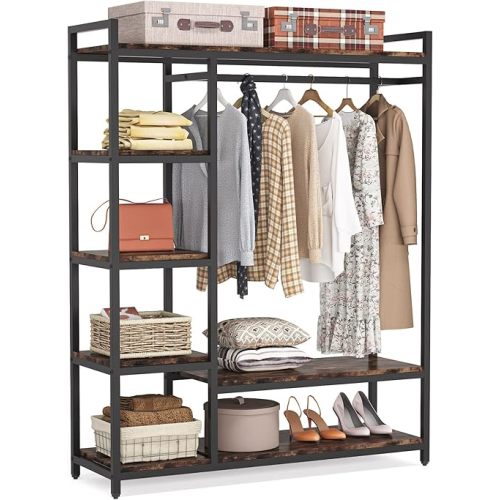 LITTLE TREE Heavy Duty Garment Rack, Portable Closet Wardrobe, 5-Tier Metal Shelving Clothing Rack, Freestanding Closet Organizer, Max Load 250 lb, Black