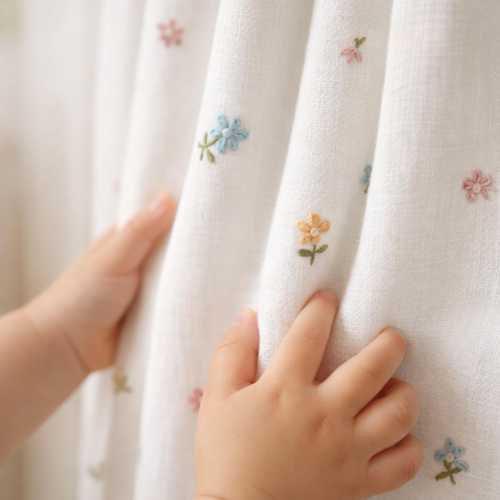 Nursery Curtains: Organic Linen with Floral Embroidery (Custom Sizes)