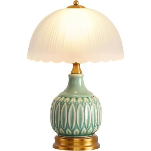 Vintage Lamp for Living Room,16" Modern Ceramic Table Lamps for Bedroom,Retro Bedside Nightstand Traditional Lamps,Classic Chinoiserie Green Lamp for Home Decor