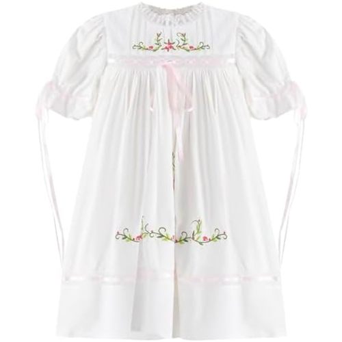 Girl Dress, Embroidered Floral Heirloom, Lace Crew Collar, Puff Sleeve, Cotton Kids Casual Clothing