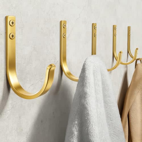 Josmimic Wall Hooks for Hanging Towel/Coat - 22LB Screw in Metal Hanger Wall Mount, for Outdoor, Closet, Door, Bathrooms, for Backpack, Robe, Brushed Gold 5 Pack