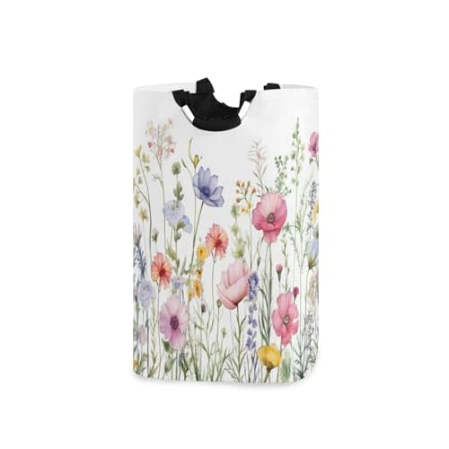Herbal Wildflowers Laundry Hamper, Water-Resistant Oxford Cloth Storage Baskets with Handle, Foldable Lightweight Durable Store Basket for Home Bathroom Bedroom Dorm Nursery