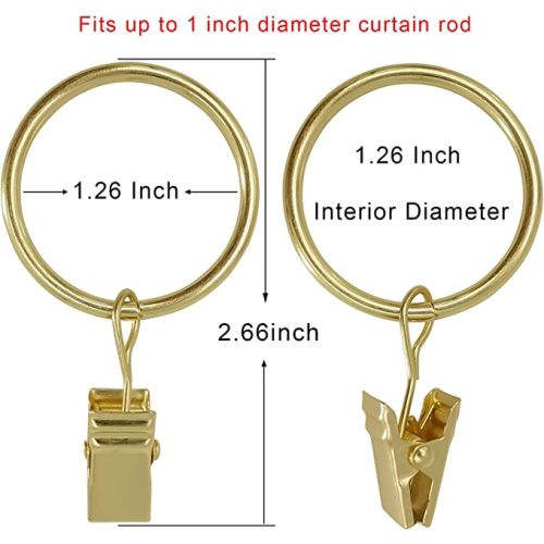 40 Pack Curtain Rings with Clips, Drapery Clips with Rings, Drapes Rings 1.26 in Interior Diameter, Fits up to 1 in Curtain Rod, Gold Color