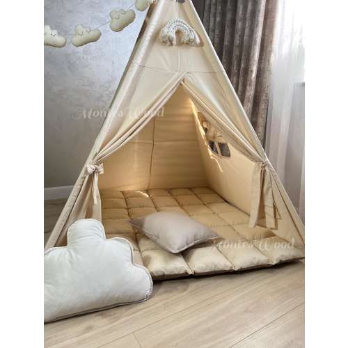 Handmade Kids Teepee Tent with Mat, Tipi Tent for Boys and Girls, Beige Play Tent, Toddlers Playhouse, Nursery Decor, Neutral Baby Wigwam