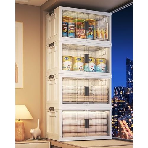 OlarHike 76QT Lockable Storage Bins with Lids - Folding Storage box with Doors and Wheels, Collapsible Plastic Storage Bins for Closets, Stackable Storage Organizer, Storage Containers, 4 Pack Cubes