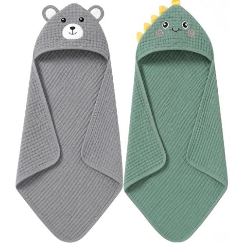 4 PCS Muslin Baby Bath Towels Set for Boys & Girls, Dinosaur & Bear