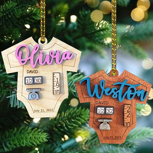 NAZENTI Personalized Baby's 1st Christmas 2023 Wooden Ornament, Custom Baby Ornament with Name, Weight, Time of Birthday, Length and Date, New Baby Gift, Baby's First Christmas