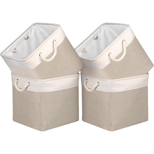 Univivi Fabric Storage Cubes 12 inch Cube Storage Bins with Rope Handles, Storage Baskets Cubes Organizer for Home Shelf Closet (White&Beige Brown , 4-Pack)