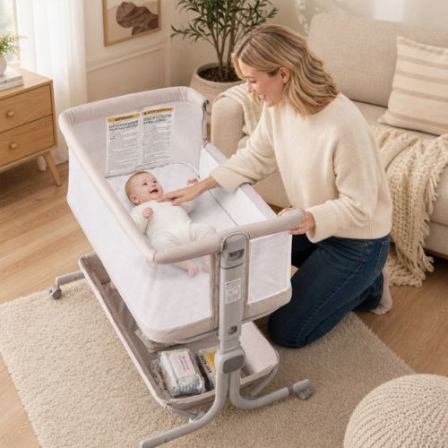 Baby Bassinet Bedside Sleeper with 6 Height Levels and Storage Basket, Beige