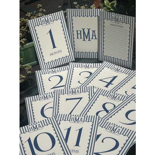 Baby Milestone Card Monogrammed Personalized for Photos 5” x 7” Ticking Navy & Ivory