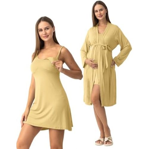 SUNNYBUY Women's Nursing Nightgown Maternity Robe Set, 3 in 1 Labor Delivery Breastfeeding Dress Postpartum Sleepwear