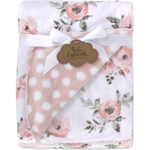 Baby Essentials, Sherpa Fleece Unisex Reversible Blankets for Newborn Babies - Pink Floral & Polka Dots