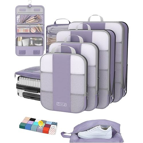 8 Set Compression Packing Cubes for Travel Essentials,Compressible Expandable Packing Cubes for Suitcase,OlarHike Luggage Organizer Bags for Travel,Handy Helper for Organizing Clothes(Purple Gray)