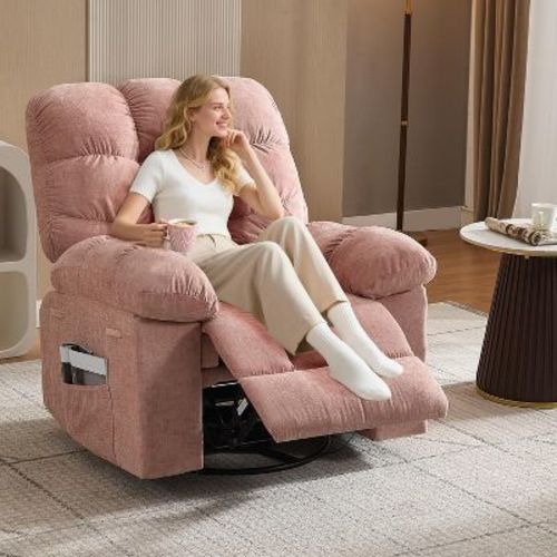 Coucheta 35.4 Inch Massage Recliner Chair with Heat, 360° Swivel Rocking Recliner with USB Charging and Storage Pockets,Pink