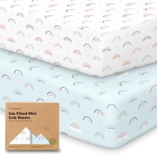 Pack and Play Sheets Fitted - 2-Pack Mini Crib Sheets for Pack N Play Mattress 38x26, Soft & Cozy, Neutral Toddler Playard Bedding, Snug Fitted Mini Baby Crib Mattress Cover Boy, Girl (Jolly Rainbow)
