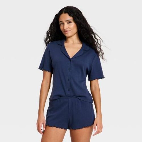 Women's Notch Collar Shirt and Shorts Pajama Set - Wild Fable™ Blue XL
