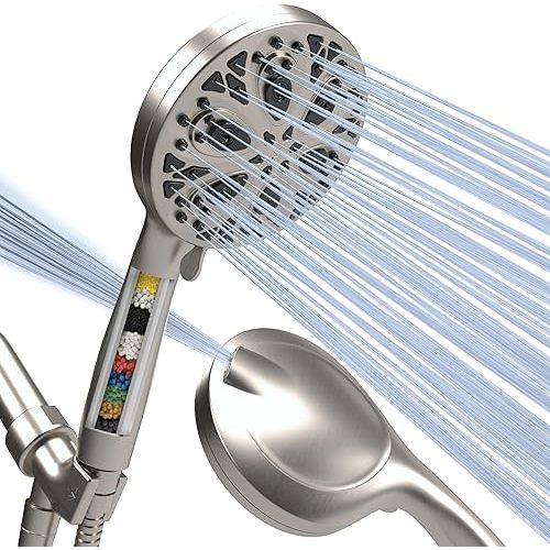 SparkPod 10-Mode Handheld Shower Head with Filter - 5" High Pressure Filtered Shower Head with Touch-to-Clean Nozzles, Built-In Power Jet, Stainless Steel 6ft Hose & Bracket (Brushed Nickel)