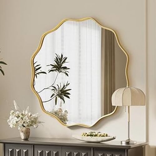 VooBang Gold Scalloped Circle Mirror, 24" Wavy Edge Round Wall Mirror with Tempered Glass Textured Circular Metal Deep Frame, Hanging Leaning for Bathroom, Hallway, Entryway, Livng Room