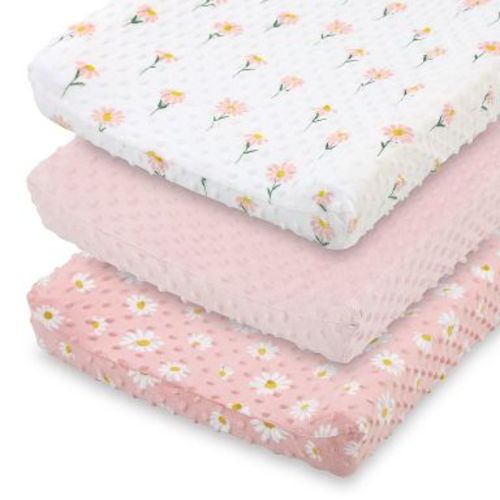 The Peanutshell Changing Pad Cover for Baby Girls, Daisy Plush Minky, Pink