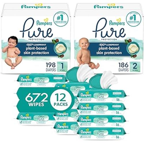 Pampers Pure Protection Disposable Baby Diapers Starter Kit (2 Month Supply), Sizes 1 (198 Count) & 2 (186 Count) with Aqua Pure Sensitive Wipes, 12X Pop-Top Packs (672 Count)