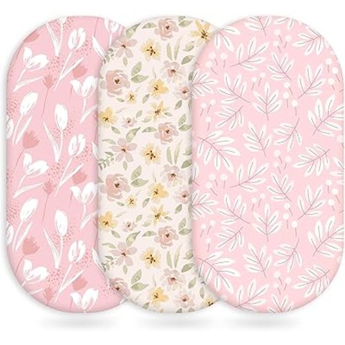 Baby Bassinet Sheets Girl Boy, Fitted Bassinet Sheet Set 3 Pack Bassinet Mattress Sheets Universal Fit for Rectangle, Round, Oval, Hourglass Mattress, Soft Breathable Pink Flowers & Leaf
