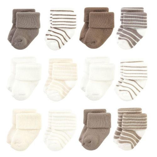Hudson Baby Infant Boy Cotton Rich Newborn and Terry Socks, Beige Stripe 12 Pack, 0-6 Months