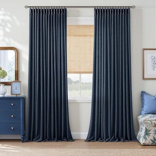 Semi Sheer Pleated Memory Trained Linen Curtains 96 Inches Long Navy Blue