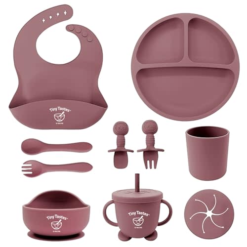 10-Piece Silicone Baby Feeding Set – BPA-Free, Spill-Proof Suction Plate, Bowl, Bib, Snack Cup & Utensils | Dishwasher Safe, Baby Gift Ready (Dark Pink)