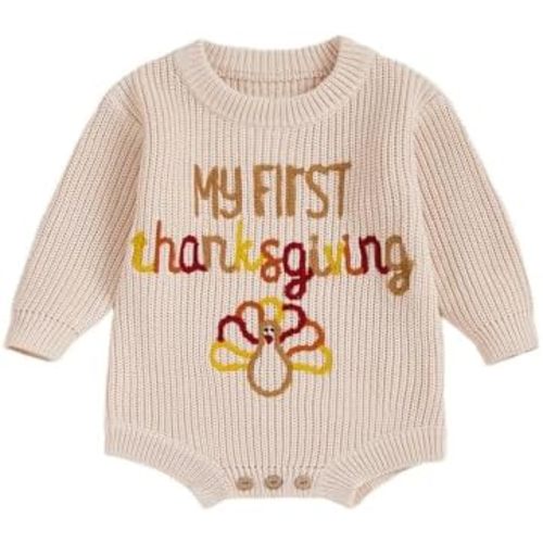 My First Thanksgiving Baby Boy Girl Outfit Newborn Embroidery Knit Sweater Bubble Romper Long Sleeve Knitted Bodysuit