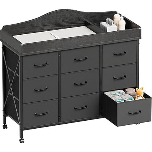 Baby Changing Table with 9 Fabric Drawers, Waterproof Diaper Changing Station & Pad, Mobile Nursery Diaper Changing Table, Baby Furniture, Bedroom, Black