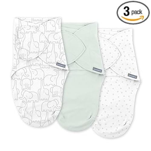 SwaddleMe by Ingenuity Monogram Collection Baby Swaddle, 100% Cotton, Improves Sleep & Calms Startle Reflex, 0-3 Months, Pocket Fold Design for Easy Changes, 1.0 TOG, 3-Pack - Elephant Dance