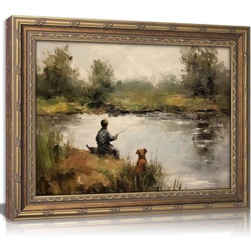 Vintage Gold Framed Wall Art Boy Fishing Country Oil Painting Canvas Prints Peaceful Lake Landscape with Dog Picture Rustic Farmhouse Poster Artwork for Nursery Living Room Bedroom, 9x11in