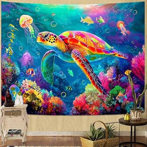 Spenlife Blacklight Fantastic Ocean World Tapestry, UV Reactive Vibrant Sea Turtle Wall Tapestries for Room Decor, Unique Home Decor Tapestry 60L x 44W