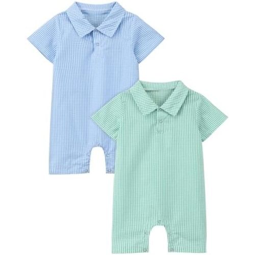 2 Pack Newborn Baby Boys' Short Sleeve Romper Soft Cotton Plaid Onesie Snap Closure Polo Summer Outfit 0-24 Months