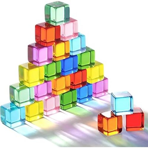 Woodtoe Rainbow Building Blocks for Toddlers, 24 PCS Acrylic Gem Cubes Stacking Blocks, Montessori Stacking Toy for 3 4 5 6 Year Old, Educational STEM Creative Sensory Toy Gifts for Kids Boys Girls