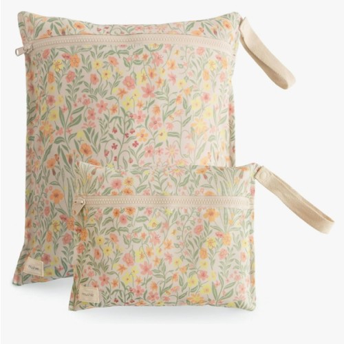mushie Water Resistant Wet Bags | Large & Small Reusable Storage Bag for Baby Items and Travel | Zippered Pockets with Handle | Machine Washable, Set of 2 (Pastel Blooms)