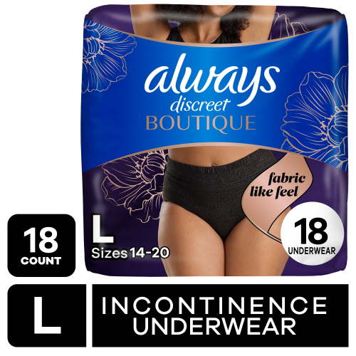 Always Discreet Boutique Incontinence Underwear, Maximum Protection, L, Black, 18 Count HSA/FSA Eligible