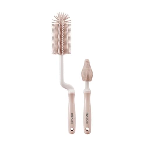 Moyuum Silicone Baby Bottle and Nipple Brush Set | Made in Korea, 360 Degree Rotating Handle, Soft Bristles, Hanging Hole for Quick Drying and Storage, Dishwasher Safe (Coral Beige)
