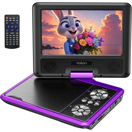CocoBear 7.5" Portable DVD Player for Car & Kids, HD Swivel Screen, 270° Rotation, Built-in Battery 4-6H, Region Free, USB/SD Support, Dual Speakers, with Car Charger & AC Adapter, Purple
