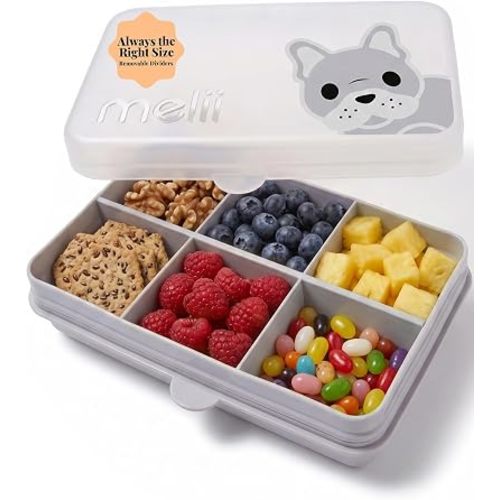 melii Snackle Box | 6-Compartment Divided Snack Container, BPA-Free Food Storage with Removable Dividers for School, Travel & On-the-Go Snacking (Bulldog)