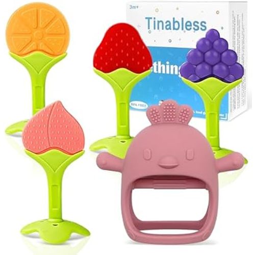 Tinabless Baby Teething Toys 5 Pack, Food Grade Silicone Teething Mitten & Teethers for Babies 3-12 Months, BPA-Free Infant Chew Toys for Teething Relief, Easy-Grip, Freezer Safe, Coral Red