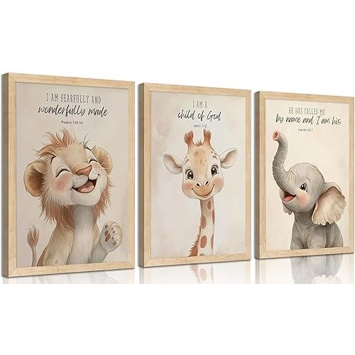 3Pcs Nursery Christian Bible Verses Safari Animals Wall Art Child of God Cute Animals Picture Wall Decor Lion Giraffe Elephant Poster Print Artwork for Kids Boys Girls Room Home Decoration Unframed