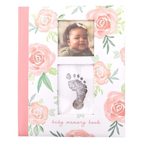 Floral Baby Memory Book, First 5 Years Baby Milestone Book, Pregnancy Journal, Gender Neutral Newborn Keepsake, Ink Pad For Baby's Handprint or Footprint, Pink Rose